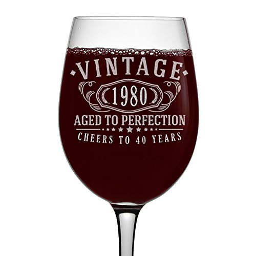 Vintage 1980 Copa de vino grabada de 473 ml – 40 cumpleaños envejecido a la perfección – regalos de 40 años