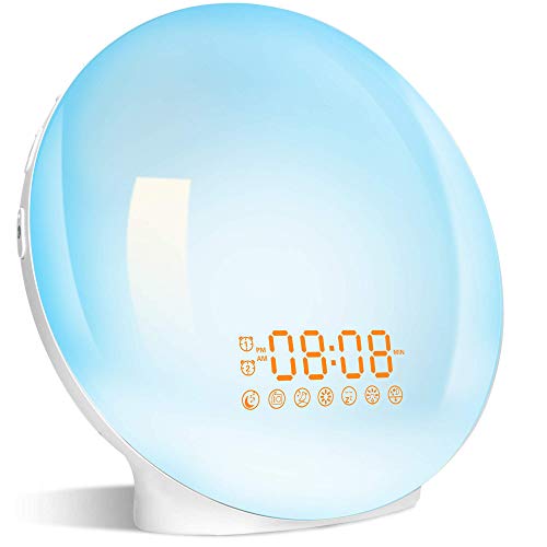 Wake Up Light LED, 2021 Despertador Luz Amanecer Simulación de Amanecer y Atardece, 2 Alarmas, 20 Niveles Brillo, 7 Luces de Colores 7 Sonidos Naturales, Función Snooze, Radio FM, Despertador Infantil