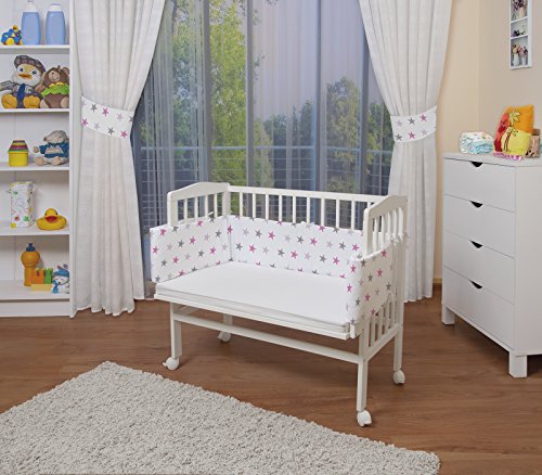 WALDIN Cuna colecho para bebé, cuna para bebé, con protector y colchón, lacado en blanco,color textil blanco/estrellas gris-rosa