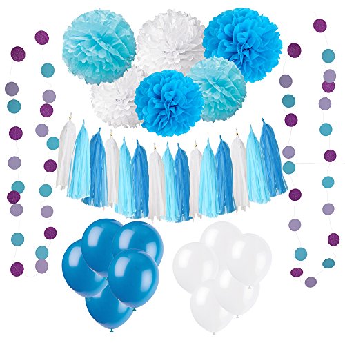 Wartoon 43 Pcs Papel Pom Poms Flores Tissue Globo Tassel Garland Polka Dot Kit de Guirnalda de Papel para Las Decoraciones del Banquete de Boda de Cumpleaños - Azul y Blanco