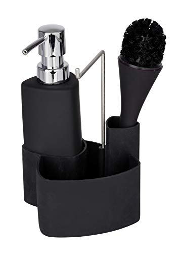Wenko Conjunto para el Fregadero Empire Negro - dosificador detergente para la vajilla Capacidad: 0.25 l, Cerámica Soft-Touch, 11 x 19 x 12.5 cm, Negro