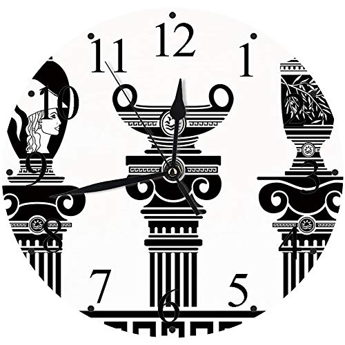 Yaoni Silencioso Wall Clock Decoración de hogar de Reloj de Redondo,Toga Party, Conjunto de Jarrones Helénicos y Columnas Iónicas Diseño Artístico Ánfora Antig,para Hogar, Sala de Estar, el Aula