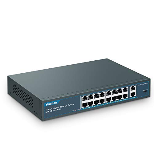 YuanLey 18 Puertos Gigabit PoE Switch, 16 Puertos PoE+ 1000Mbps, 2 Gigabit Uplink, 250W 802.3af/at, Escritorio de Metal/Montaje en Bastidor, Conmutador de Red Plug and Play no Administrado