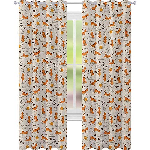 YUAZHOQI - Cortinas opacas para dormitorio con diseño de gato "Do Be Feliz", diseño de gatos en posición sonrientes con sol, patas, corazones, 132 x 160 cm, color crema naranja y marrón