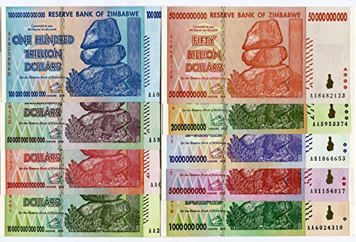 Zimbabwe 10, 20, 50, 100 Trillion, 1, 5, 10, 20, 50 Billion Dollar, currency 2008 banknotes bills World inflation record 9 notes set by RBZ