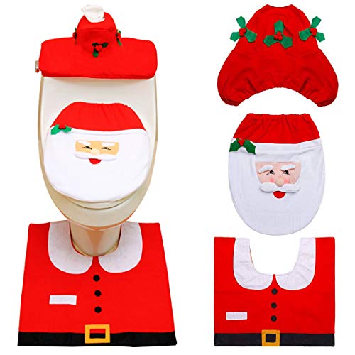 ZSWQ 3pcs Navidad Fundas para Asientos de Inodoro Santa Toilet Seat Cover Set Alfombra y Tejido Caja Conjunto Regalo para Asiento de Inodoro y Alfombra para decoración de Navidad(Santa)