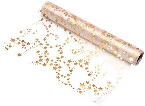 100%Mosel Camino de mesa con estrellas doradas/metalizadas (28 cm x 5 m), camino de mesa de organza, elegante decoración de mesa para Navidad y Adviento, decoración festiva para ocasiones especiales