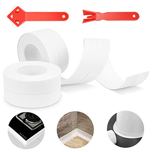 2 Rollos Cinta Baño Selladora,Cinta Impermeable Autoadhesiva,Cinta Adhesiva para Bañeras Caulk Strip Tira de Calafateo con 2 Herramienta Blanca Antimoho para Baño Bañera Cocina (3.2m * 3,7cm)