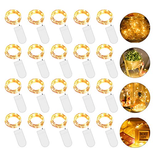 20 Piezas Cadena de Luces con Pilas, 20 LEDs 2M Luces de Cadena Micro Cobre, Alambre de Cobre Guirnaldas Luces, IP65 Impermeable Luces Decorativas para Navidad, Fiesta, Hogar, Bodas (Blanco Cálido)