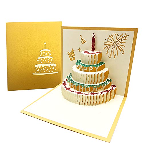 3D Emergente Tarjeta de Felicitación Cumpleaños con Sobre, Creatividad Tarjeta de Cumpleaño de Pastel con Vela Rojo para Familia, Amigo para Cumpleaño, Graduación - Dorado