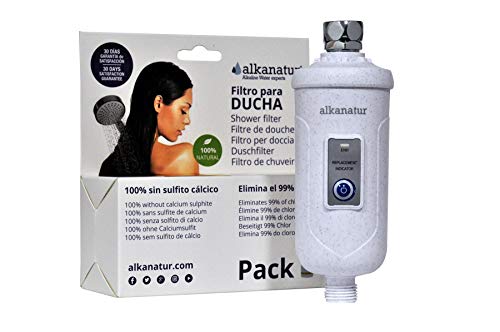 Alkanatur Filtro de ducha – el único filtro sin sulfito calcico – elimina el 99% los tóxicos, fluoruros, plomo, calcio, cloro, cloramina, mejora el cabello, uñas y piel – 30.000 litros