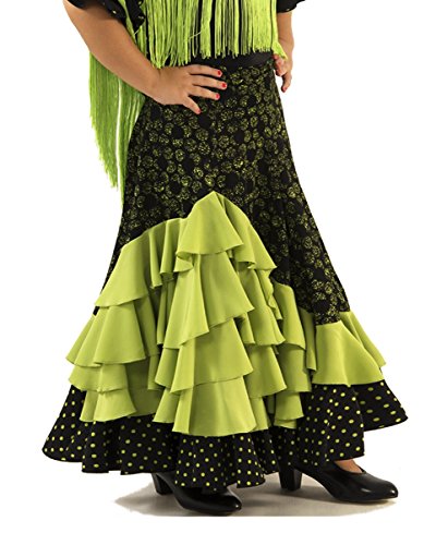 Anuka Falda de NIÑA para Danza Flamenco o sevillanas, Cinco Volantes, Cuerpo Estampado y Lunares pequeños en el Volante bajo. (Verde Pistacho, 10)