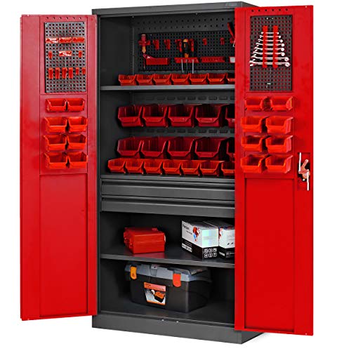 Armario para herramientas TC02AM con cajones, puertas correderas, 3 estantes, recubrimiento de polvo, 185 cm x 92 cm x 50 cm, color antracita y rojo