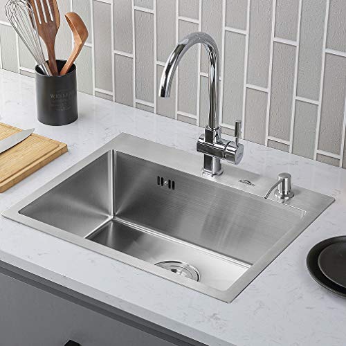 Auralum Fregadero Cocina un Seno 55*45*18.5cm Fregadero de Acero Inoxidable con Escurridor Dos Orificios de Montaje y Rebosadero, Montaje sobre encimera o al ras Auralum Fregadero Cocina un Seno 55*45*18.5cm Fregadero de Acero Inoxidable con Escurridor Dos Orificios de Montaje y Rebosadero, Montaje sobre encimera o al ras