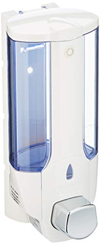 axentia – Dispensador de jabón manual de pared (capacidad 380 ml), Dosificador de champú, gel de ducha, loción de cuerpo, Dispenser para baño y cocina – 19/9,8/9 cm - color blanco/azul