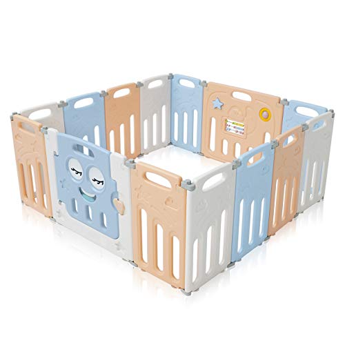 Baby Vivo Parque para Niños de Plástico Plegable de Puertas Parque Corralito Barrera de Seguridad 14 Elementos en azul y beige - Luna