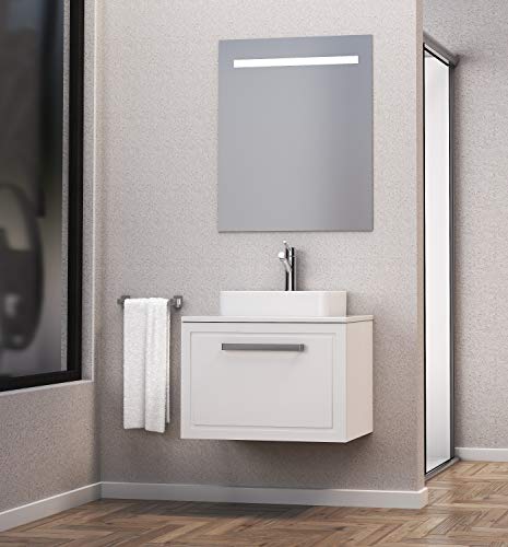 Baikal 830134155 Conjunto de Mueble de Baño con Lavabo sobre encimera y Espejo con Luces LED, Suspendido a la Pared, un Cajon, Melamina 16, Blanco Mate, 60 X 55 X 46 cm