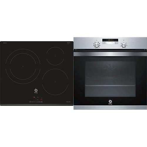 Balay 3EB865FR - Placa de inducción de 60 cm de ancho, bisel delantero, 3 zonas de inducción, control táctil, color negro + Horno 3HB4331X0 AQUALISIS INOX Rail Aq, 71 litros, Negro, Acero inoxidable