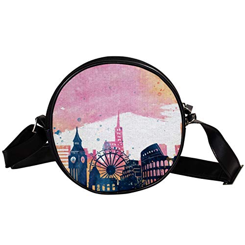 Bandolera redonda pequeña bolsa de mano de moda para señoras bolsas de hombro bolsa de lona bolsa de cintura accesorios para mujeres - acuarela edificio de Londres