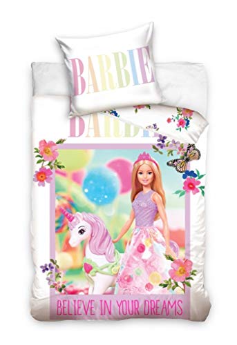 Barbie Funda nórdica reversible para bebé de 100 x 135 cm + funda de almohada de 40 x 60 cm, color rosa