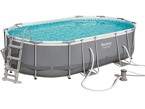 Bestway 56448 | Power Steel – Piscina exterior ovalada 488 x 305 x 107 cm, bomba de filtrado, escalera y dosificador Chemconnect incluidos