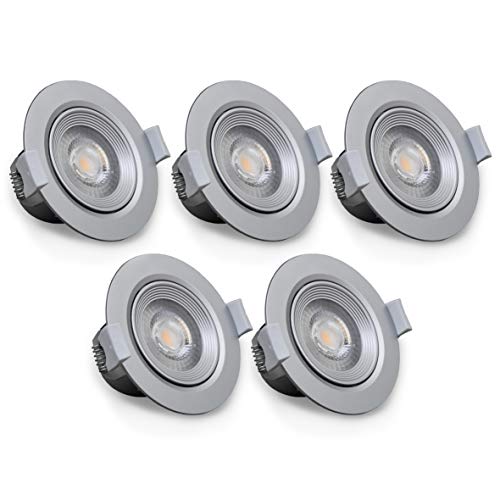 B.K.Licht - Set de 5 focos LED empotrables y orientables para interiores, downlight de luz blanca cálida, protección IP23, 5 W, 350 lúmenes, 3000K, color plateado