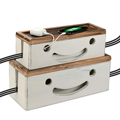 Caja de gestión de cables grande Organizador de cables Cubierta de alimentación de madera rústica Soporte de cable eléctrico Ocultador para protector de sobretensión, Tapa magnética, Juego de 2