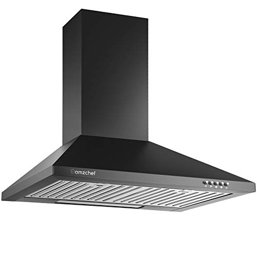 Campana extractora AMZCHEF Campana de pared decorativa 60cm para circulación y salida de aire 362 m³ / h 3 niveles de potencia acero inoxidable super silencioso [clase energética B] (negro)