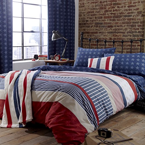 Catherine Lansfield Stars & Stripes - Funda nórdica y funda de almohada cama, 220 x 180 cm, color azul