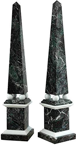 CBAM Obelisco en Marmo Verde Alpi e Bianco Carrara con Sfere Mármol Italiano Clásico Obelisco con Orbes Decorativos Escultura Hecho en Italia H.47CM