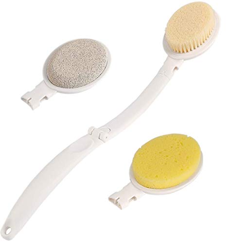 Cepillo de baño Cepillo corporal - 3 en 1 Depurador de Cuerpo Plegable, Cepillo de Cuerpo de Mango Largo, con cepillo Esponja Cabezal de piedra pómez para baño y piel seca Exfoliante