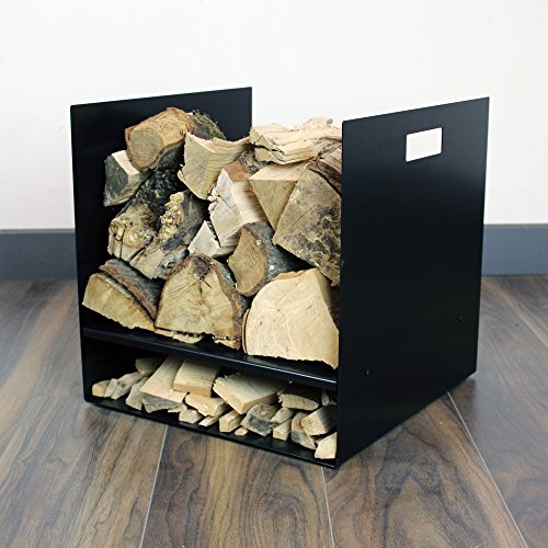 Cesta grande para leña, 40 cm, moderna, para chimenea de estufa, soporte de madera, fabricada en el Reino Unido, color negro