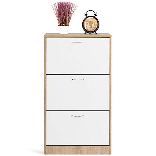 COMIFORT Mueble Zapatero de 3 Puertas - Organizador de Zapatos Moderno, Estilo Escandinavo, Gran Almacenaje, Muy Resistente, Fabricado en Europa, Color Blanco y Roble