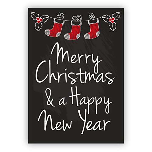 Conjunto de 4: Felicitación de Navidad: Linda, inglesa, Retro Tarjeta de Navidad en pizarra. Mira con los calcetines de Papá Noel: ¡Feliz Navidad y Feliz Año Nuevo! - con sobre Conjunto de 4: Felicitación de Navidad: Linda, inglesa, Retro Tarjeta de Navidad en pizarra. Mira con los calcetines de Papá Noel: ¡Feliz Navidad y Feliz Año Nuevo! - con sobre