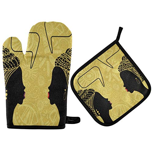 Conjunto de manopla y soporte de olla bohemia para mujeres africanas étnicas, guante de cocina resistente al calor para cocinar, hornear, parrilla, barbacoa Conjunto de manopla y soporte de olla bohemia para mujeres africanas étnicas, guante de cocina resistente al calor para cocinar, hornear, parrilla, barbacoa