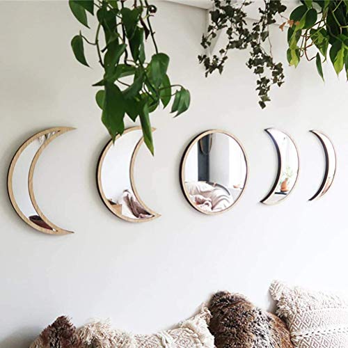 Delaspe Espejo de fase lunar 5 piezas de espejos decorativos acrílicos para el hogar, diseño interior de madera bohemia decoración de pared