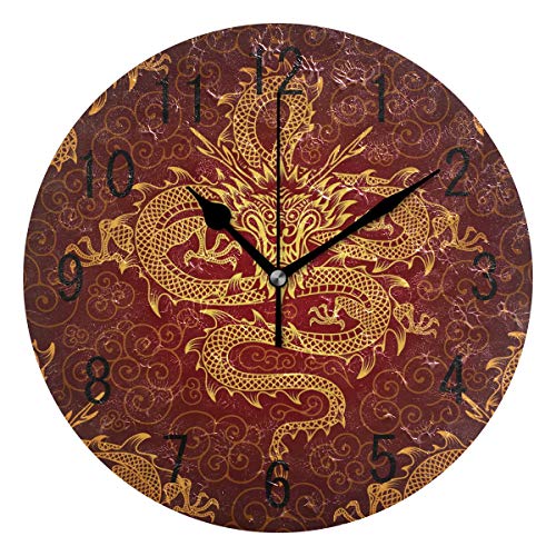 Domoko Home Decor - Reloj de Pared con diseño de dragón Chino, Redondo, acrílico, no se Arruga, silencioso, para Sala de Estar, Cocina, Dormitorio