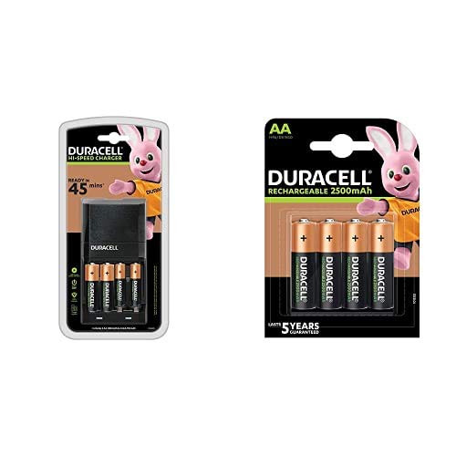 Duracell Cargador de Pilas, Carga en 45 Minutos, Incluye 2 Pilas AA y 2 Pilas AAA, Negro + Ultra Pilas Recargables AA 2500 Mah, Paquete de 4