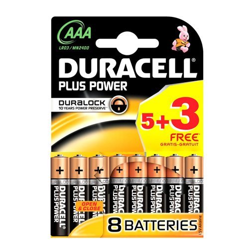 Duracell Plus Power - Pila alcalina AAA (Paquete de 5 + 3 Unidades)