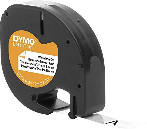 DYMO LT-Hierro en las etiquetas de tela, 12 mm x 2 m rollo, impresión Negro sobre blanco, Hierro-On para impresoras LetraTag, S0718850