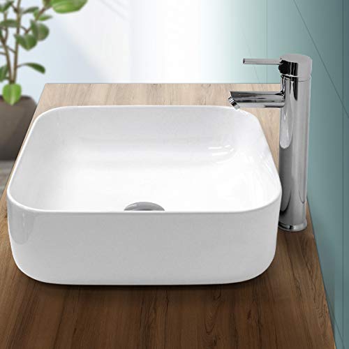 ECD Germany Lavabo Cerámico Cuadrado con Agujero Conexión Estandar - Blanco - Lavamanos sobre Encimera - 390 x 390 x 140 mm - Diseño Moderno - Fregadero con Juego de Desagüe - Realza Cada Baño o Aseo