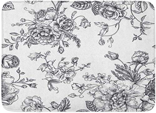 ECNM56B Doormats Bath Rugs Door Mat Outline Vintage Pattern Bouquet of Black Flowers on Peonies Roses Sweet Peas Bell Monochrome Floral 15.8"x23.6"