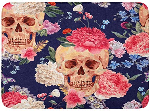 ECNM56B Doormats Bath Rugs Door Mat Vintage Watercolor Skull and Flowers Peony Wildflowers Bouquet Butterfly on Navy Blue 15.8"x23.6"