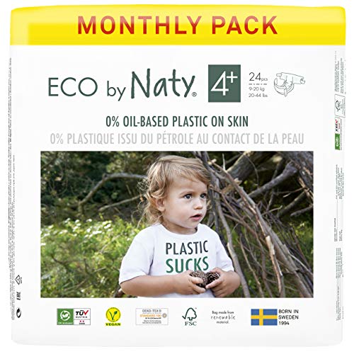 Eco by Naty Pañales, Talla/Tamaño 4+,144 unidades, 9-20 kg, suministro para UN MES, Pañal ecológico Premium a base de fibras vegetales.0% plásticos derivados del petróleo en contacto con la piel