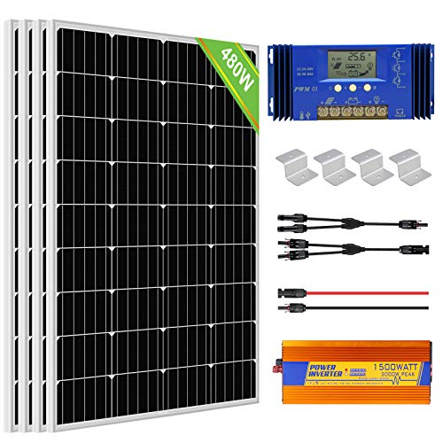 ECO-WORTHY 480W 12V Kit de panel solar fuera de la red: Inversor de seno puro de 1500W 24V + 4 PCS 120W Panel solar + Controlador de cargador de batería 60A para el hogar, barco, RV