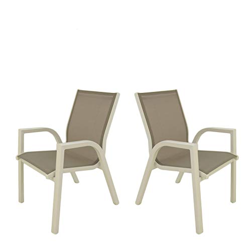 Edenjardi Pack 2 sillones de Exterior apilables, Tamaño: 56x66x90 cm, Aluminio Doble Reforzado Color Blanco, Textilene Color taupé