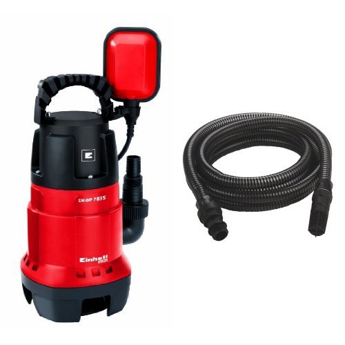 Einhell GH-DP 7835 - Bomba sumergible aguas sucias (780 W, 15.700 litros por hora) color rojo y negro + Manguera de aspiración (1", 7 m de longitud, con válvula anti retorno) color negro