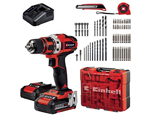 Einhell Set de taladro percutor con batería TE-CD 18/40 Li + 69 (2x2,0 Ah) Power X-Change (18 V, Li-Ion, 40 Nm, incl. 2 baterías de 2 Ah y cargador, maletín, accesorios con 69 piezas)