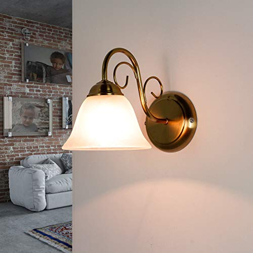 Elegante lámpara de pared con pantalla de metal y cristal en latón rústico Atenen, lámpara de pared para dormitorio o salón