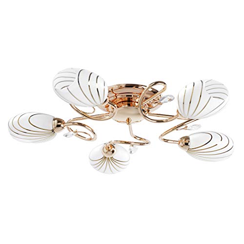 Elegante lámpara de techo, Moderna, metal en color dorado, Cristal mate blanco, Transparente, 5 bombillas, diámetro de 65 cm, Luz directa deslumbrante, 13 cm de altura, para Salón, Dormitorio, pasillo, Cocina, bombillas No Incluidas (necesita 5 bombillas Elegante lámpara de techo, Moderna, metal en color dorado, Cristal mate blanco, Transparente, 5 bombillas, diámetro de 65 cm, Luz directa deslumbrante, 13 cm de altura, para Salón, Dormitorio, pasillo, Cocina, bombillas No Incluidas (necesita 5 bombillas